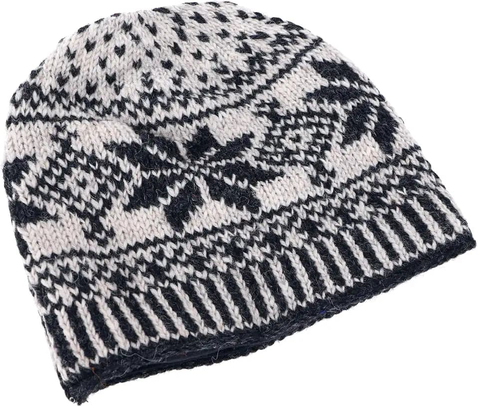 GURU SHOP Wollmütze aus Nepal, handgestrickt, Norwegermuster, schwarz/weiß