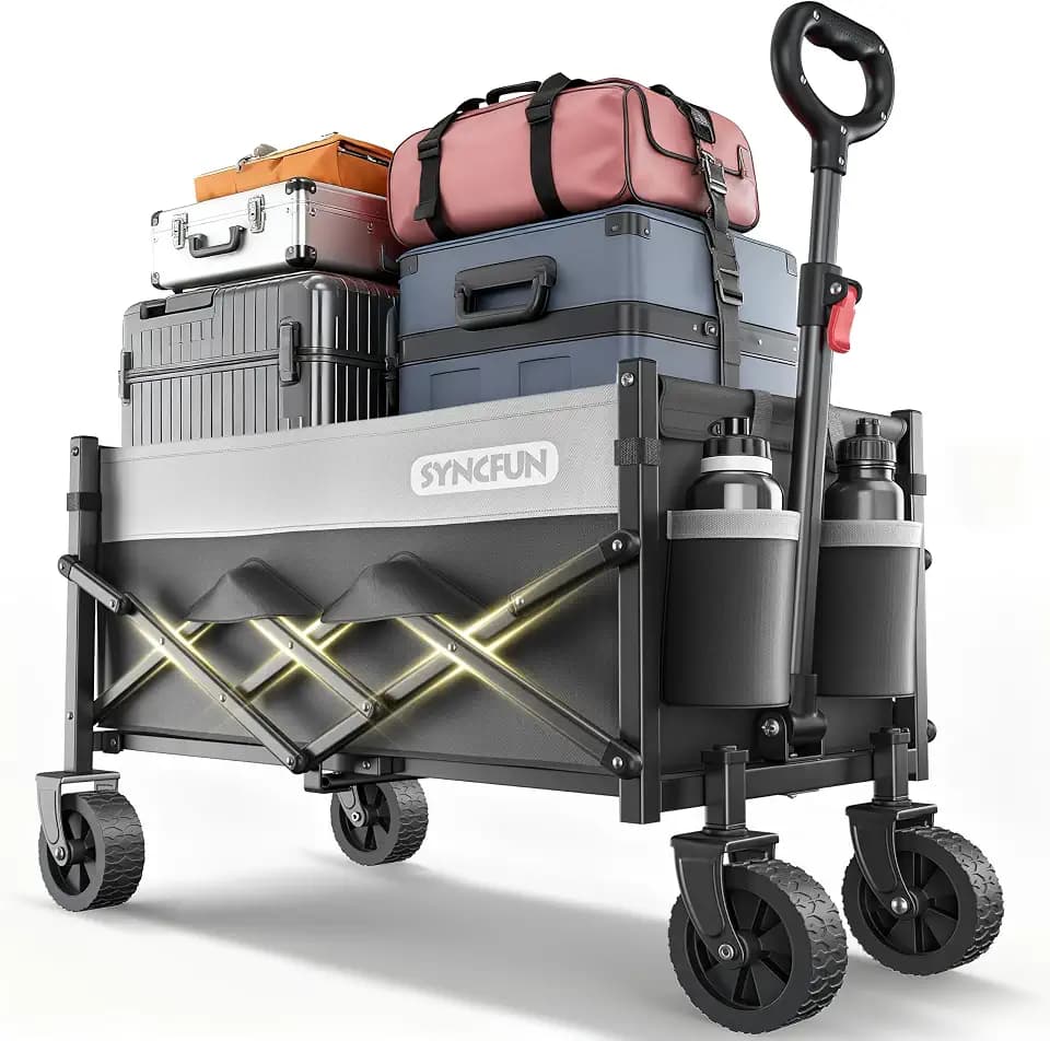 SYNCFUN Klappbarer Bollerwagen Schwarz mit Carbon-Stahl,136 kg Tragkraft,5-Zoll-PVC-Räder,300D Oxford-Stoff,Kompaktes Faltmaß 44x34x18,5 cm,Transportwagen für Garten Camping Strand Einkäufe