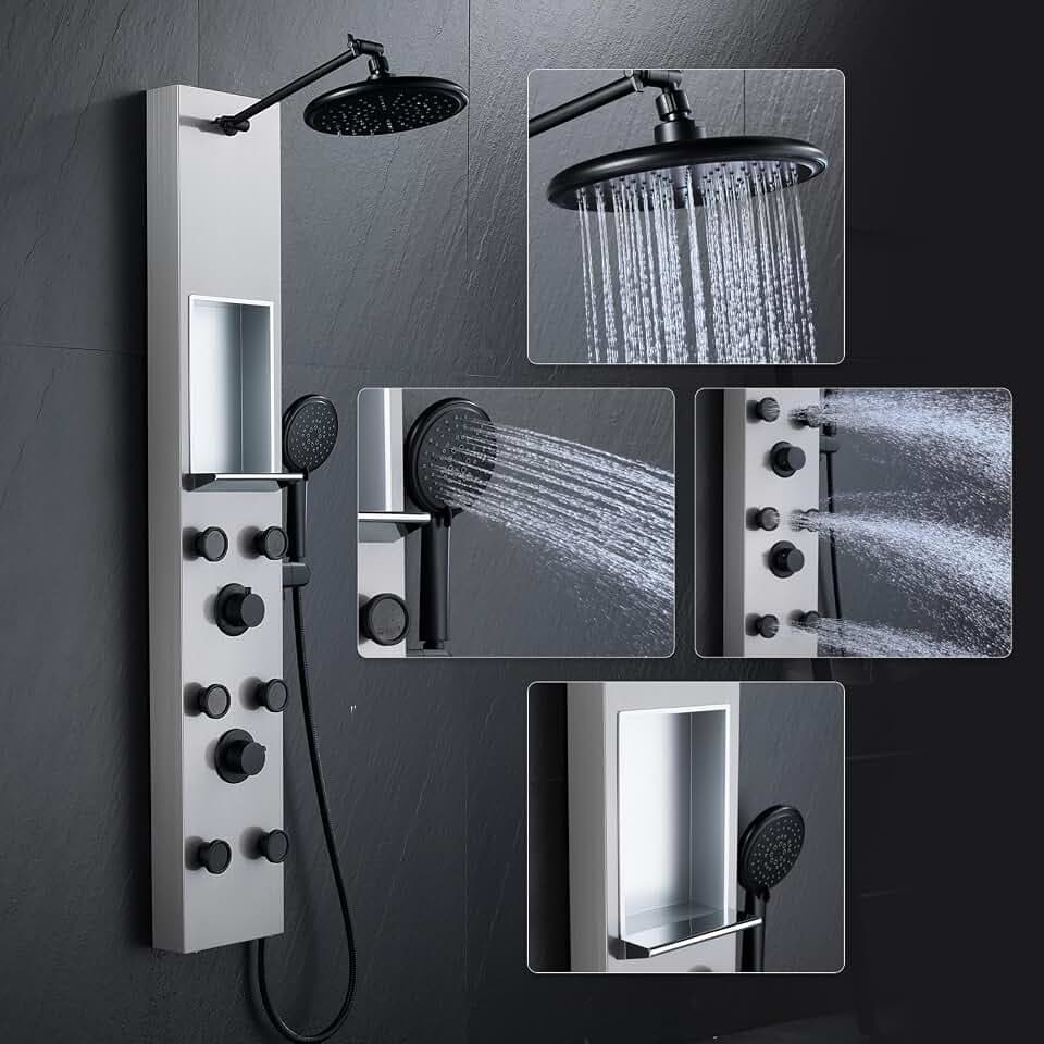 POPFLY Shower Panel Tower System with 8-inch Rainfall Shower and Shelf