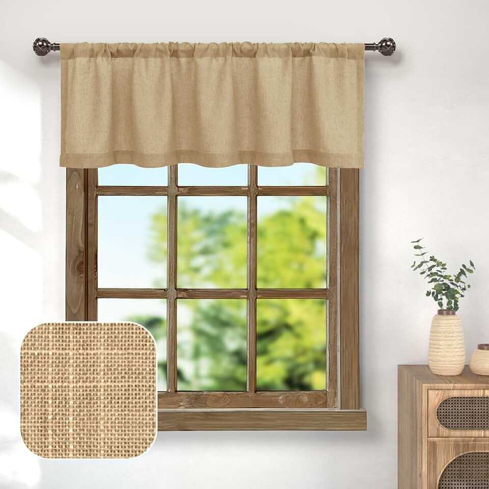 Pitalk Burlap Color Linen Window Valance for Kitchen 3 Inch Rod Pocket Semi Sheer Primitive Rustic Farmhouse Valance Curtain Topper for Bedroom Living Room Dining Bathroom 18 Inch Length Tan Brown