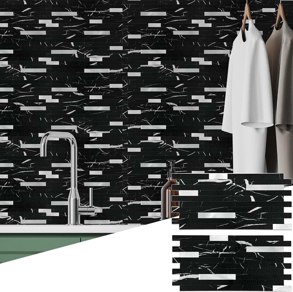 Yipscazo 20 Sheets Peel and Stick Stone Metal Backsplash Tiles, PVC Wall Tiles Stick on Backsplash for Kitchen, Bathroom (6'' X 12'', Black Rock)