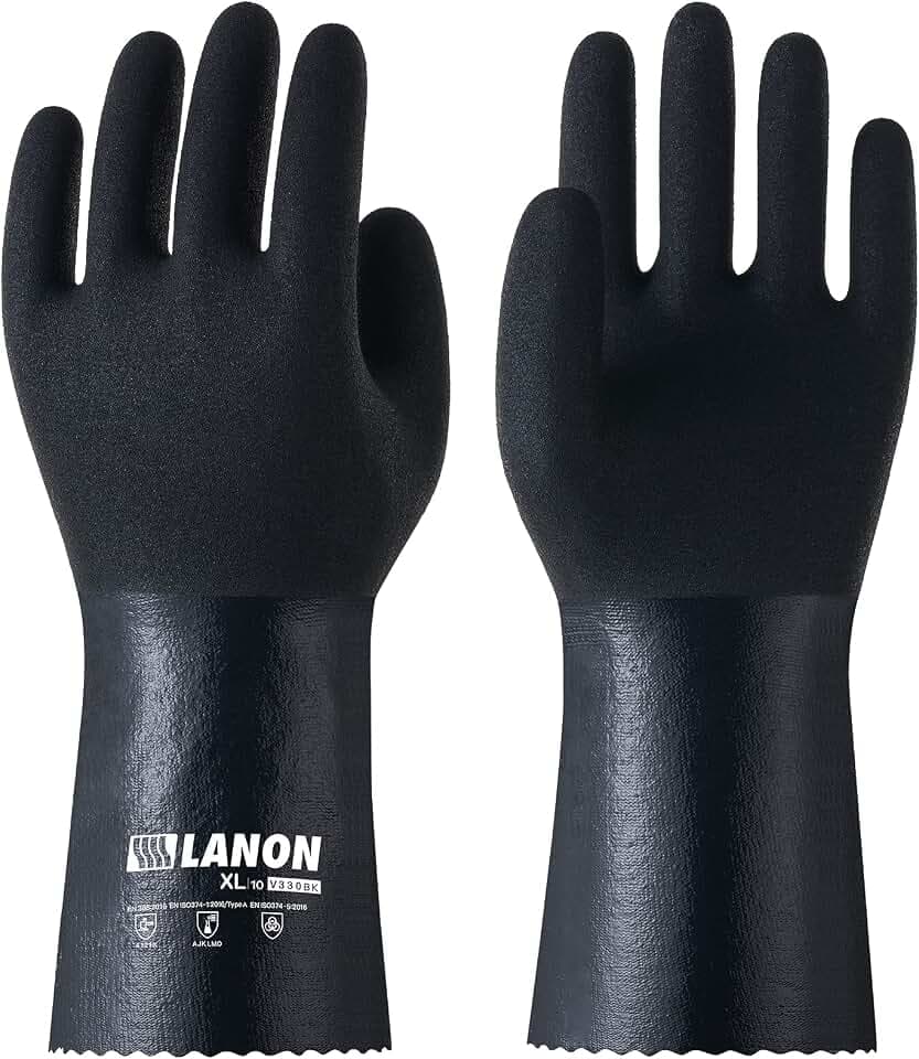 LANON Nitrilhandschuhe mit Baumwollfutter, Chemikalienbeständig, Schwarz, L