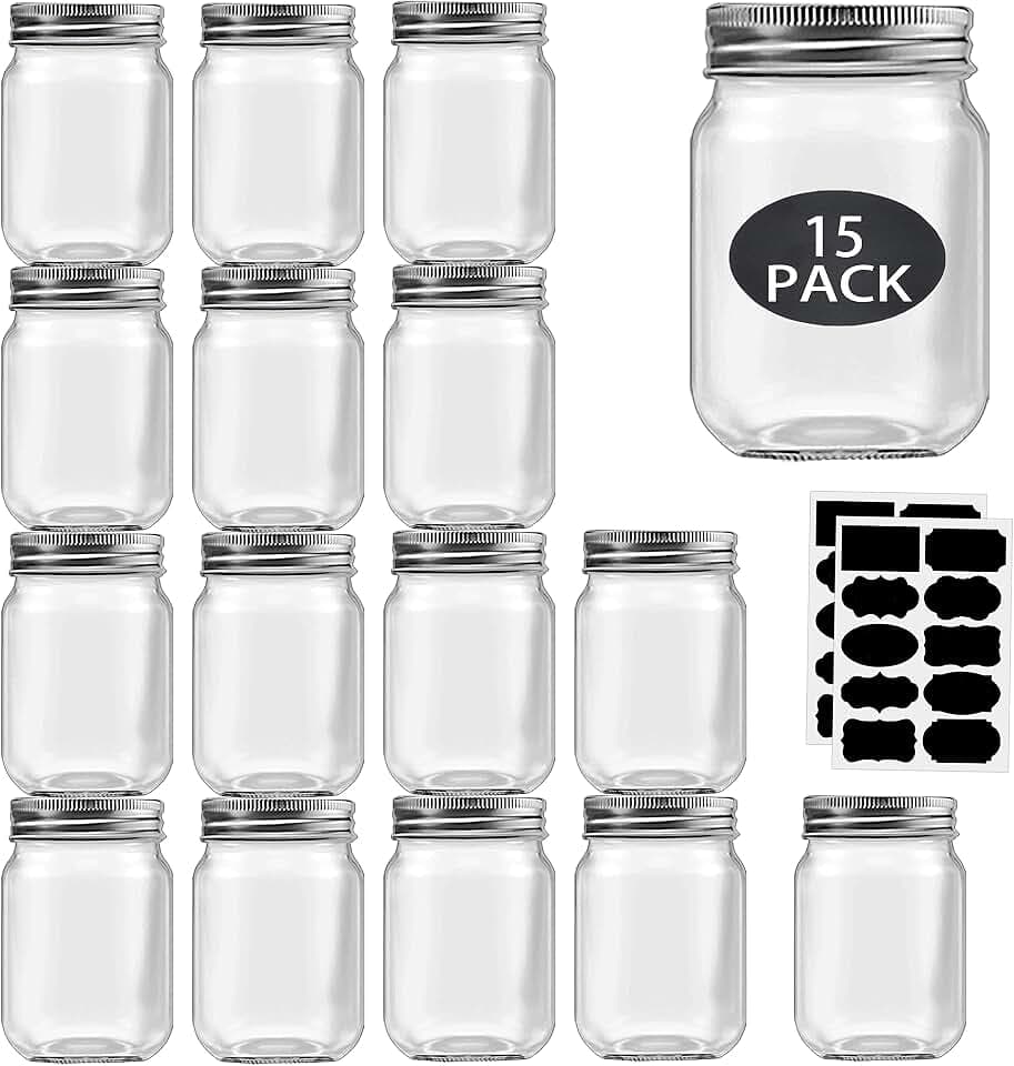 Rainforce 16 oz Mason Jars with Silver Lids 15 Pack Pint Glass Canning Jars