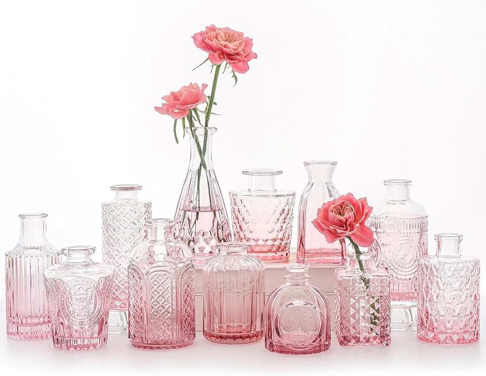 SUPMIND Glass Bud Vases Set, 12pcs Pink Small Flower Vases in Bulk