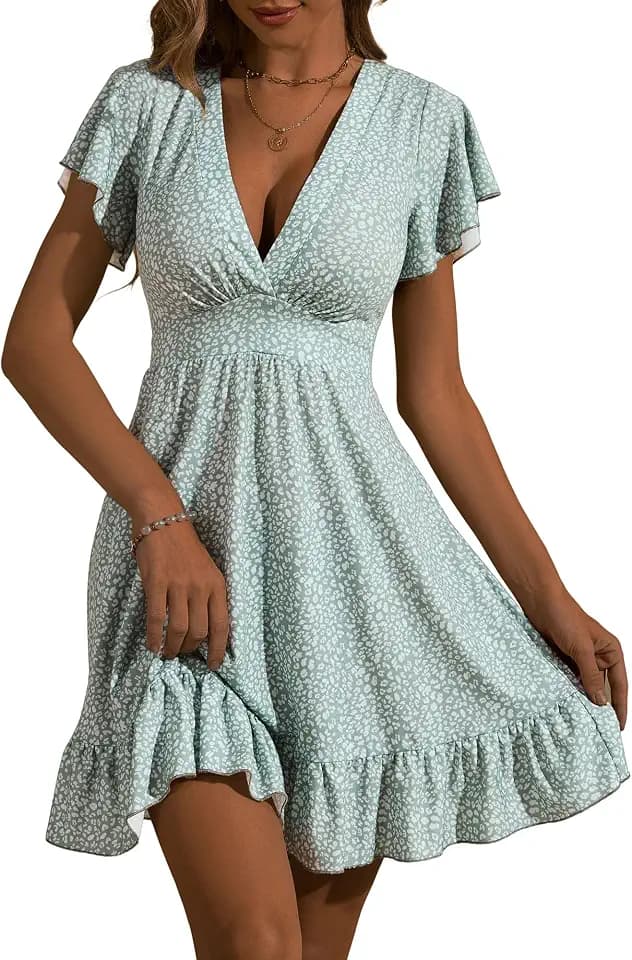 TORARY Womens Summer Dresses 2026 Floral Cap Sleeve Wrap V Neck Ruffle A-Line Sun Dress