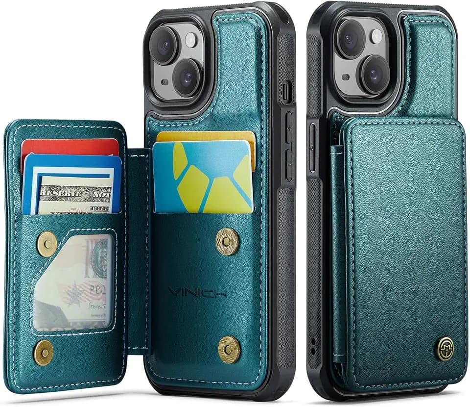 Vinich for iPhone 15 Plus Wallet Case with Card Holder, Bluish Green