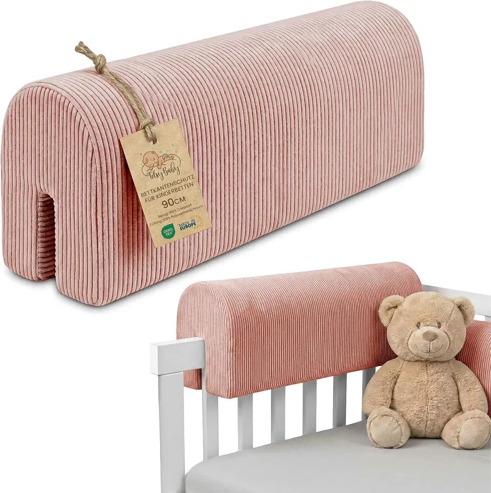 Bettkantenschutz für Kinderbetten Cordstoff 90 cm - Schutz für Bettrahmen Baby Bett rausfallschutz für boxspringbett bettgitter mit Cordstoff Bezug Kantenschutz Kinder Babybett Oeko-Tex Rosa B
