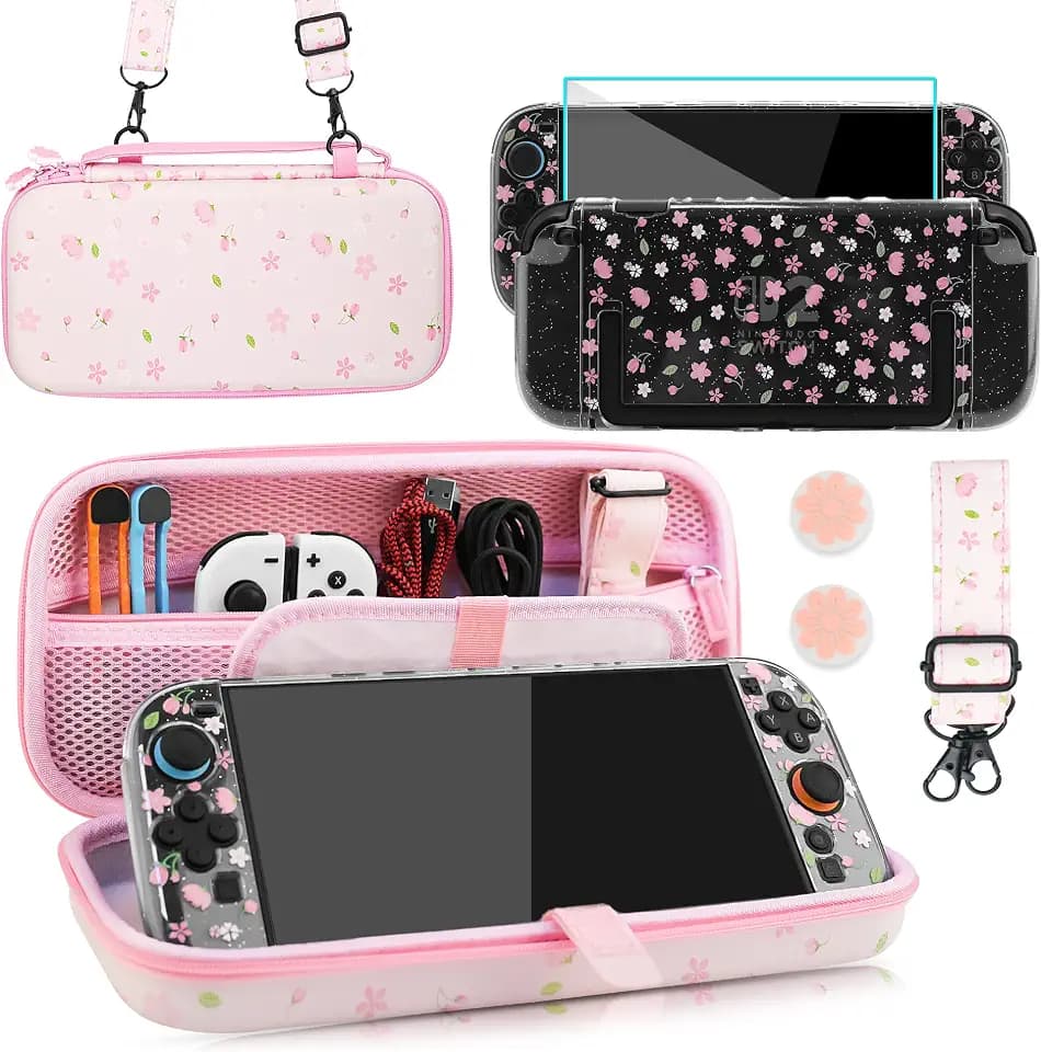 PAWDIARY Pink Sakura Carrying Case Compatible with Nintendo Switch 2 2025, with Hardshell Switch 2 Protective Cover Skin, HD Screen Protector, Shoulder Strap & 2 Thumb Caps - Cute Girly