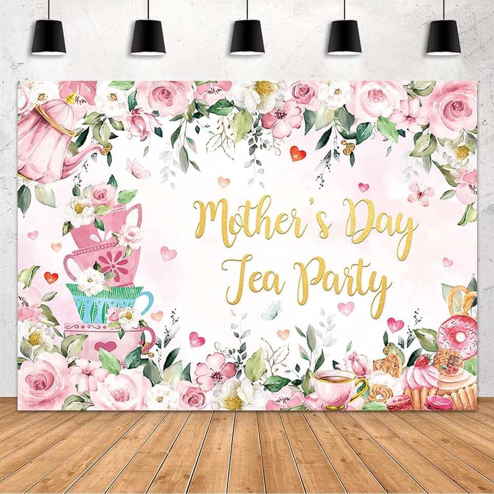 MEHOFOND 8x6ft Mother's Day Tea Party Backdrop Pink Floral Mother's Day Photography Background Mother's Day Tea Party Theme Decorations Banner Pink Tea Cup Mother's Day Party Photo Booth Backdrop