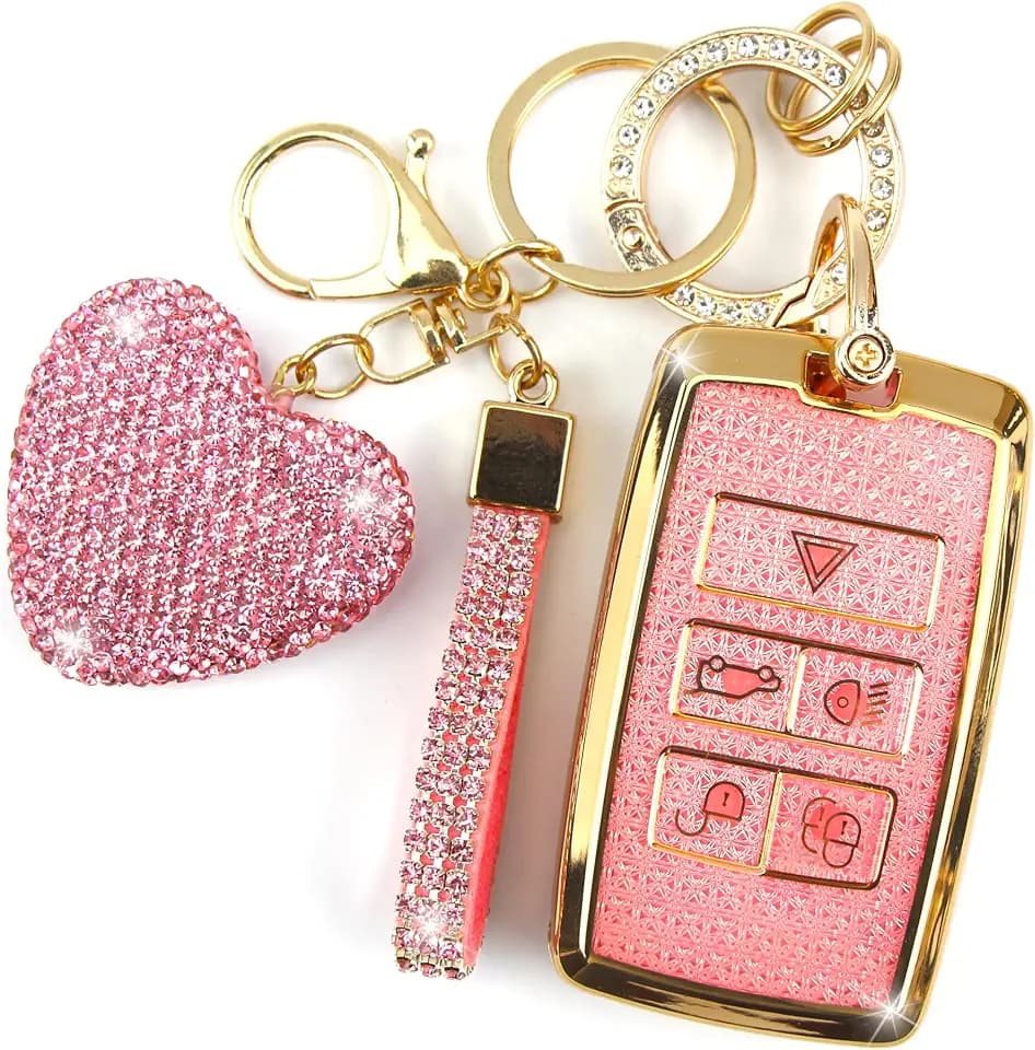 Key Fob Cover with Diamond Keychain Car Key Holder Compatible with Land Rover Range Rover Evoque Sport Vogue Discovery 5 Jaguar E I-PACE 2018-2023 Smart Key Protector for Women, (Pink-Heart)