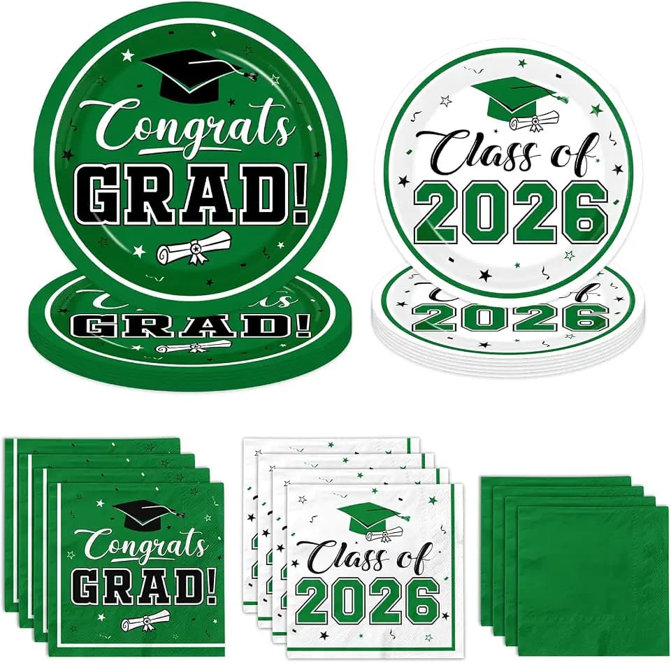 Graduation Party Plates and Napkins Green Class of 2026 Grad Congrats Party Supplies Disposable Dessert Paper Plates Cocktail Napkins forGraduation Party Decorations,Serve 50