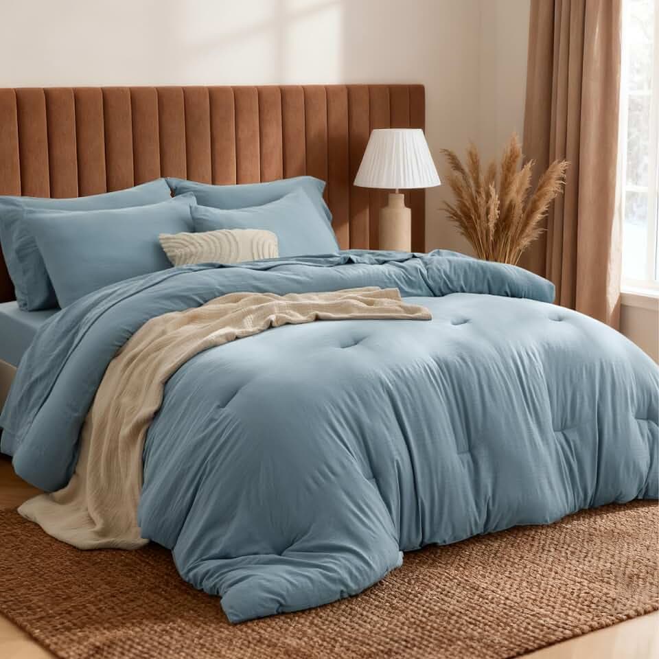 Bedsure Dusty Blue Full Bed Comforter Sets Soft Prewashed Bedding 7 Pieces