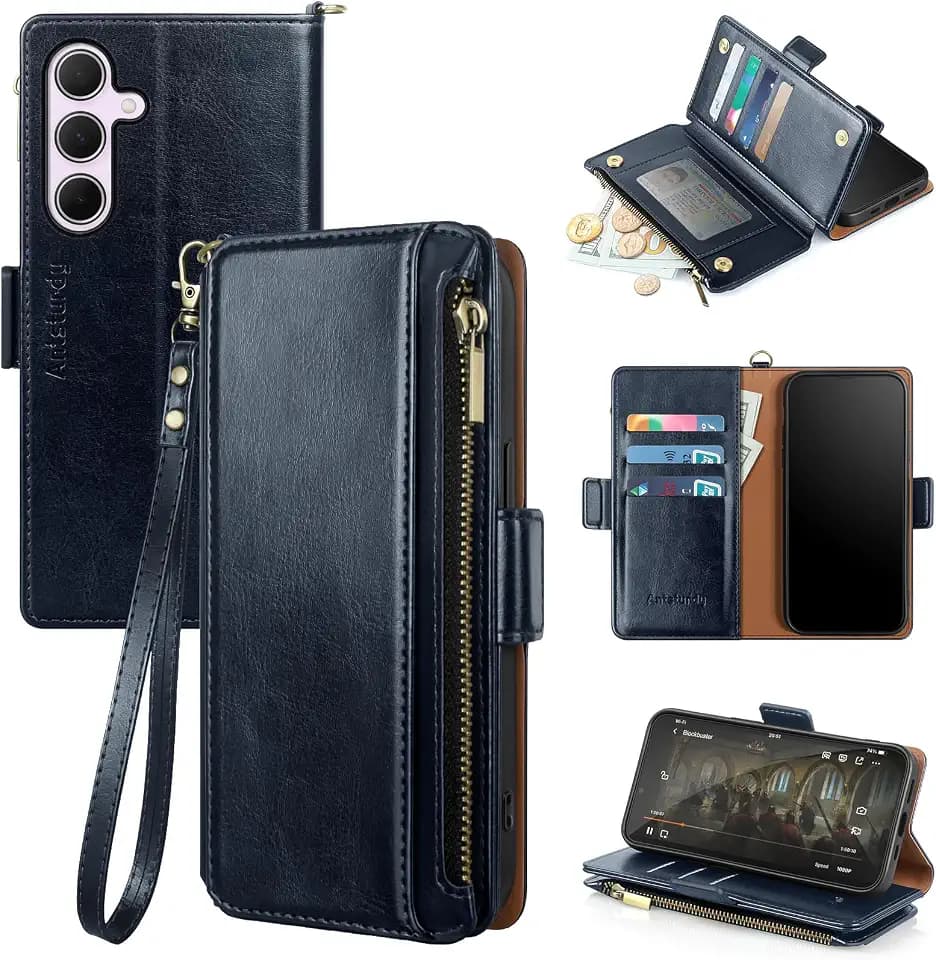 Antsturdy Compatible with Samsung Galaxy A35 5G Case Wallet with Card Holder Women Men Phone Case RFID Blocking PU Leather Flip Protective Cover Wrist Strap Zipper Credit Card Slots,Dark Blue