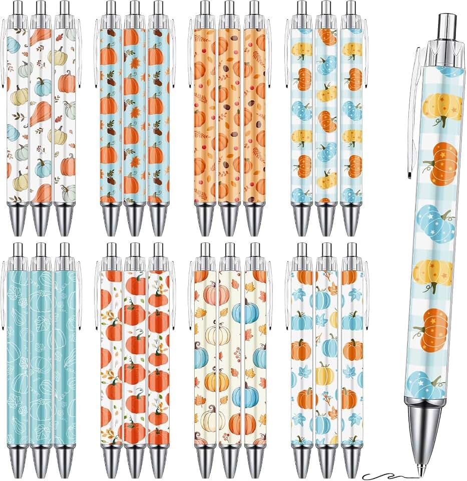 Wxiben Fall Ballpoint Pens Gifts - 24 Pcs Autumn Pumpkin Ballpoint Pen Set Thanksgiving Maple Leaf Retractable Smooth Writing Ball Point Pen Favor for Women Men Office School Harvest Party Supplies