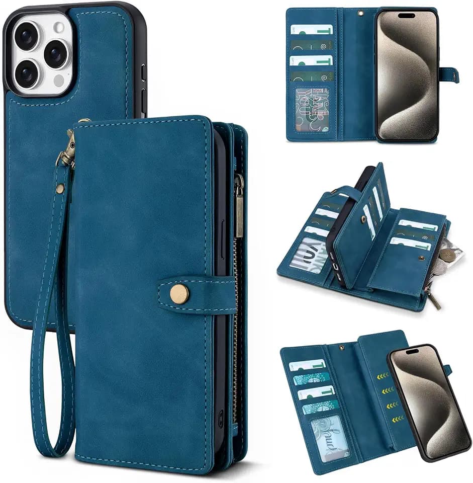TwoHead for iPhone 15 Pro Max Wallet Case with 11 Card Holders,Navy Blue
