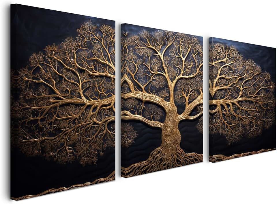 3er Set Wandbild mit Rahmen 30×40 cm – Gold Baum Natur Leinwandbilder Botanical Print für Wohnzimmer Schlafzimmer Küche Flur Büro – Wanddeko mit Rahmen, inkl. Haken, Nägel & Magischem Klett zur
