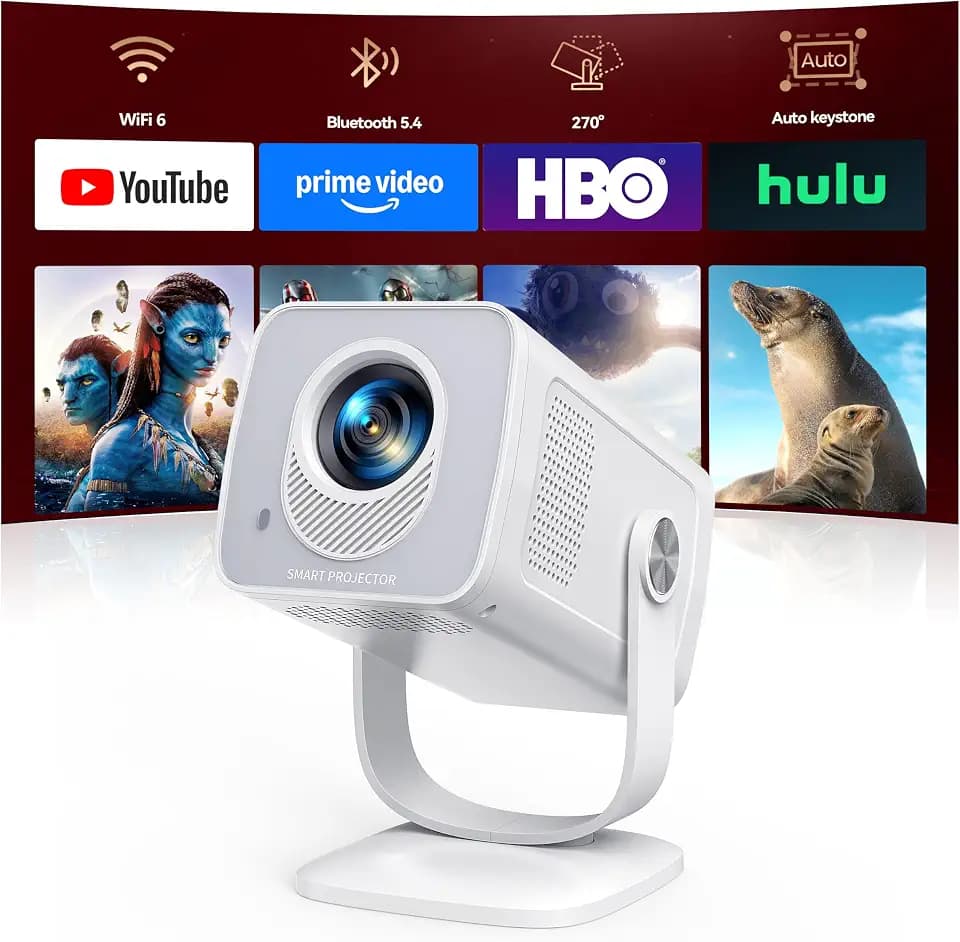 Mini-Projector with WiFi6 and Two-Way Bluetooth5.4, 1080P 4K Support, [Built-in Apps & 2026 Android 14] Portable Outdoor Movie Proyector for Bedroom, Auto Keystone & 270° Rotation for Phone/HDMI/USB