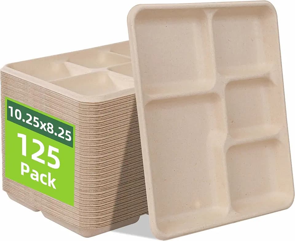 WELLIFE 125 Pack Kids Small 5-Compartment Paper Plates 10.25x8.25 Inch