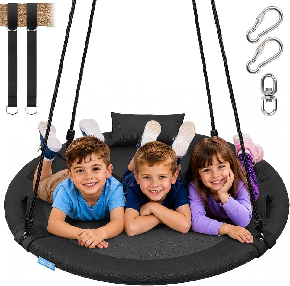 SereneLife Saucer Swing, Tree Swing, 40 Inch, 900lb Heavy Duty Capacity for Kids, 900D Oxford Waterproof Seat, Adjustable Height Ropes, 2 Strap Tree Hang Kit, Center Swivel Spinner, Black