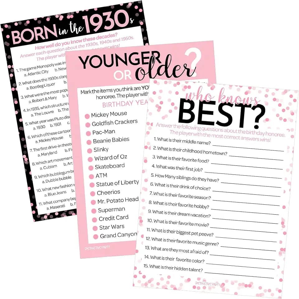 DISTINCTIVS Pink 90th Birthday Games Set, Born in the 1930s, 20 Guests