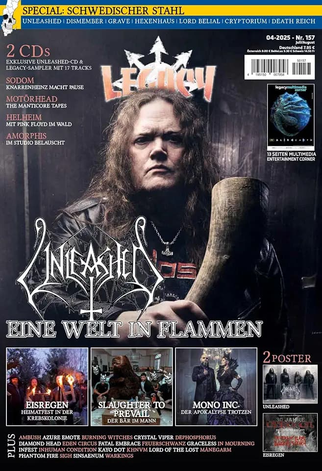 LEGACY MAGAZIN: THE VOICE FROM THE DARKSIDE: Ausgabe #157 (4/2025) mit UNLEASHED inkl. exklusiver EP "Fire Upon Your Lands" mit 5 Tracks, sowie ... Hexenhaus, Cryptorium und Death Reich