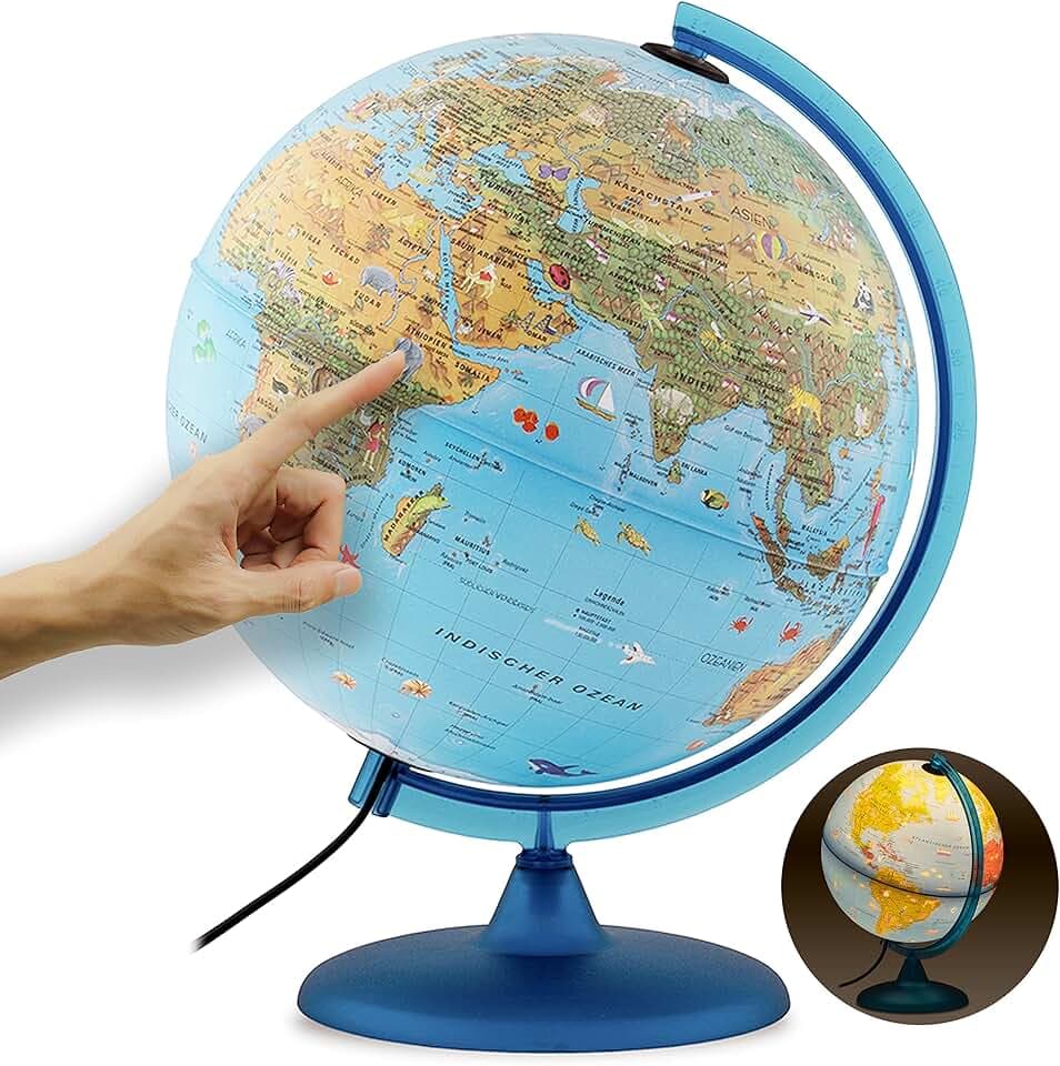 Kinderleuchtglobus 30cm mit Tieren, Kunststoff Fuß, deutsch mit stabilem Hartplastikfuß, deutsches Kartenbild mit vielen Abbildungen für Kinder mit LED Leuchte