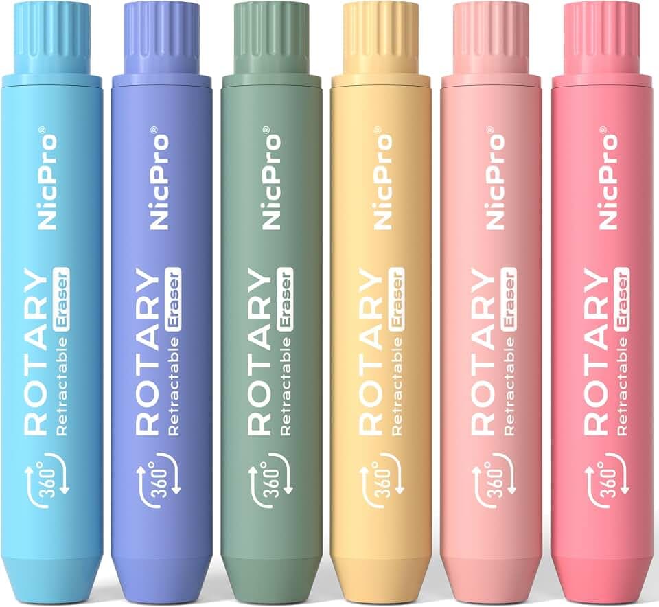 Nicpro 6 Pack Rotary Retractable Erasers, Soft TPE Twist Eraser-Rainbow