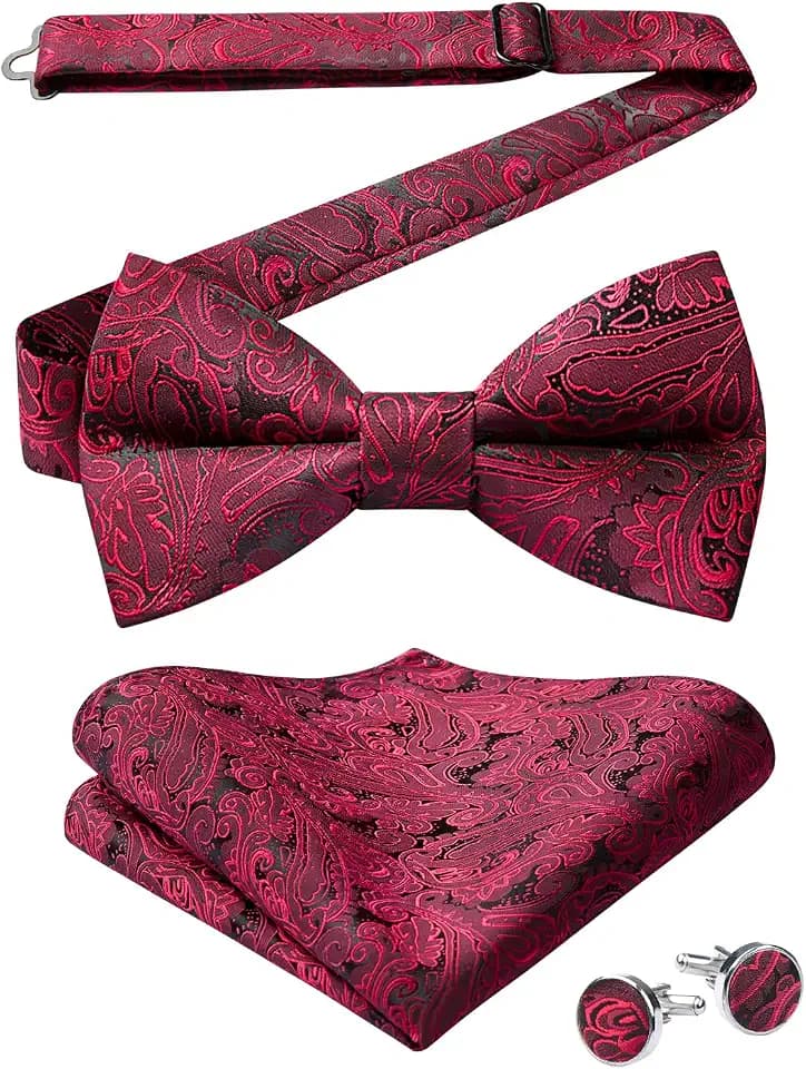 HISDERN Herren Paisley Fliege und Einstecktuch mit Manschettenknöpfe Set,Schleife mit Haken - Bereits Gfebunden，Verstellbare Fliege,Vorgebundene Fliege,für Hochzeit Sfeier Weihnachten Halloween