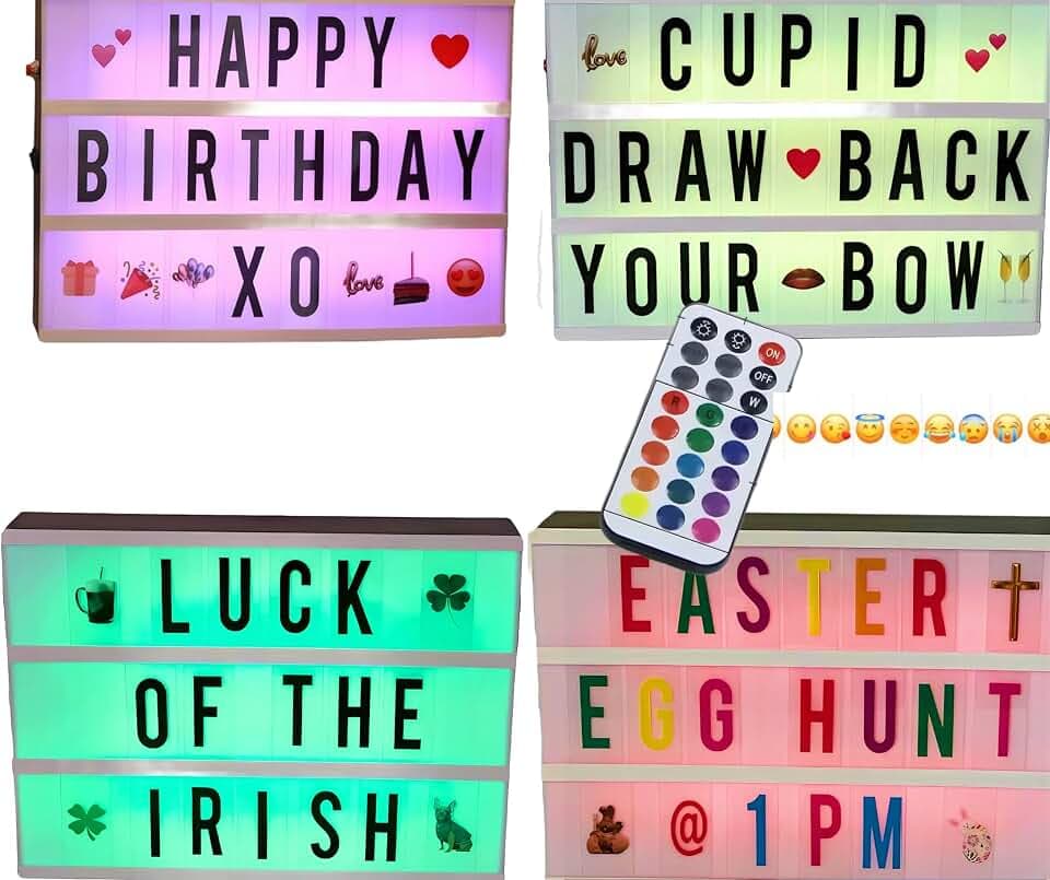 Cinema Lightbox, Upgraded 2023, 300+ Colored- B&W Letters, Numbers & NEW fun Emojis-16 Colors & 3 Modes, Flash, Remote, USB Plug in & Storage, Personalized Sign, Marquee Light Box, LED, A4 Large