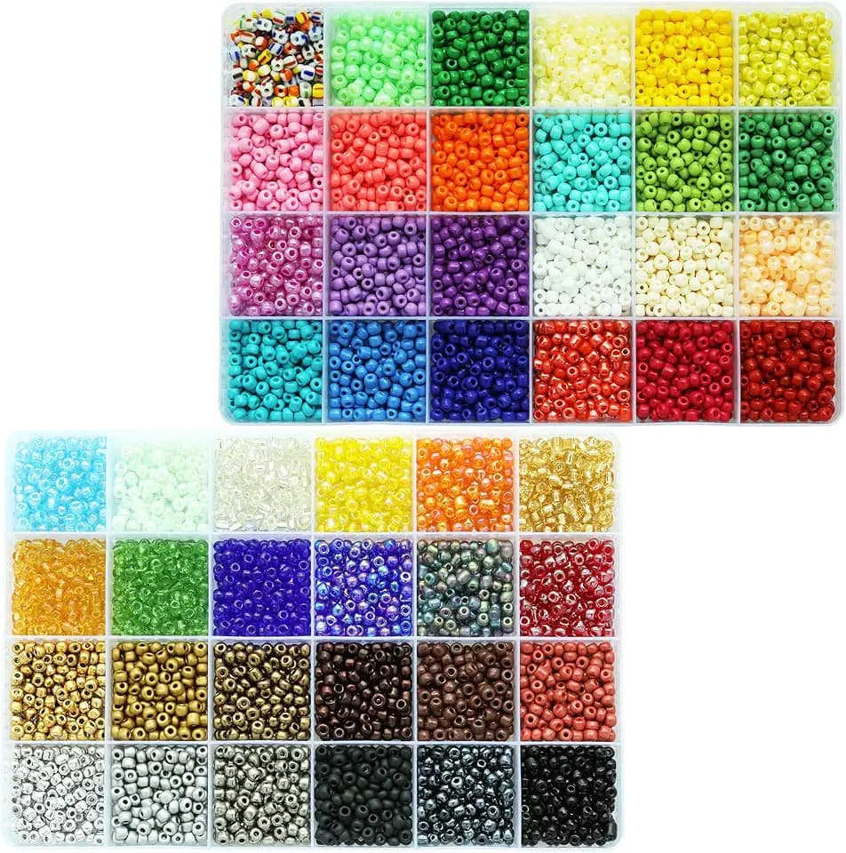 Rocailles/Glasperlen, Größe 6/0, 4 mm, kleine Pony-Perlen, sortiertes Bastel-Set mit Organizer-Box für die Schmuckherstellung (48-teiliges buntes Sortiment, insgesamt ca. 7200 Stück)