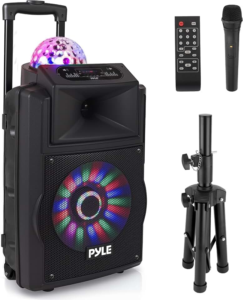 Pyle Partybox, Bluetooth Lautsprecher Groß, 700W- Boombox- mit aufladbare Batterien & Mic Set, Tragbare- Musik box, Karaoke Box- mit Farbige LED, Pa System- mit USB, SD, FM, BT, AUX, Griff & Räder