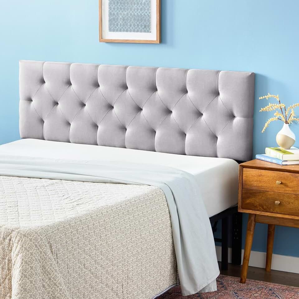 Lucid Mid-Rise Upholstered Headboard - Diamond Tufted - Padded Polyester - Adjustable Height from 34” to 46” - Easy Assembly - Bed Frame or Wall Mount - Sturdy - Stone - Full / Full XL Size