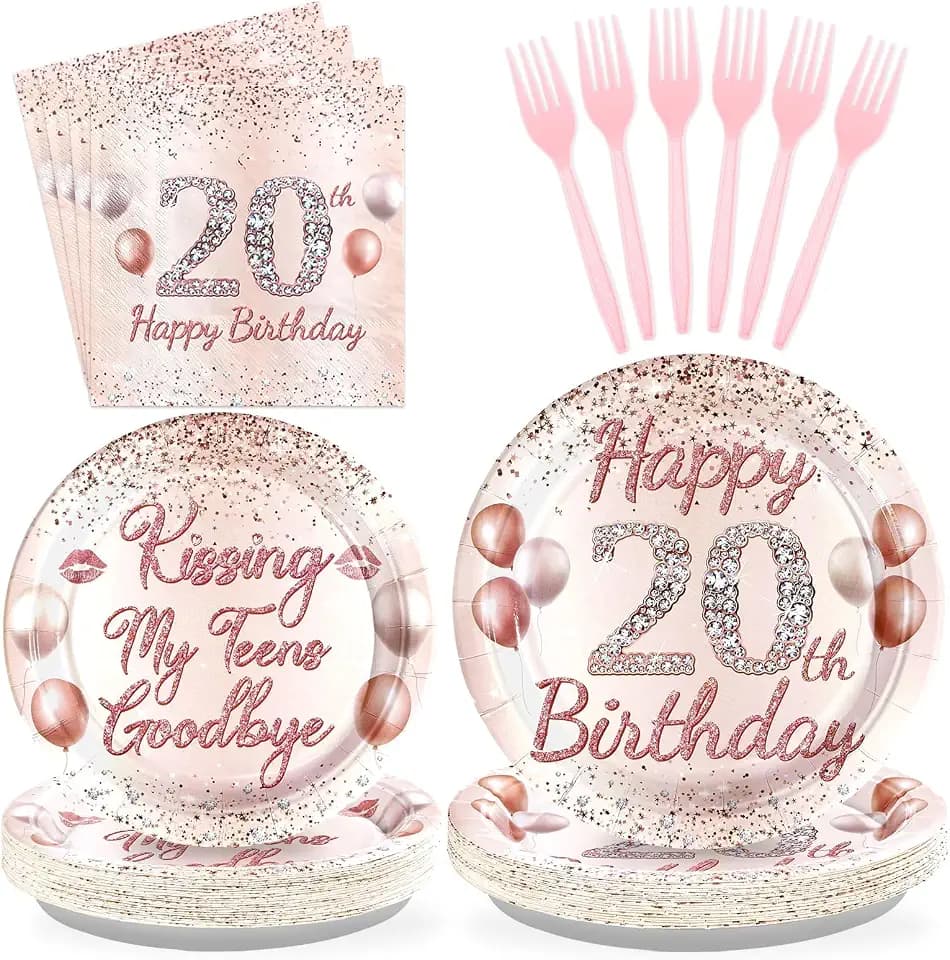 Greencian 96 Pcs 20th Birthday Rose Gold Party Supplies for Girls Serves 24