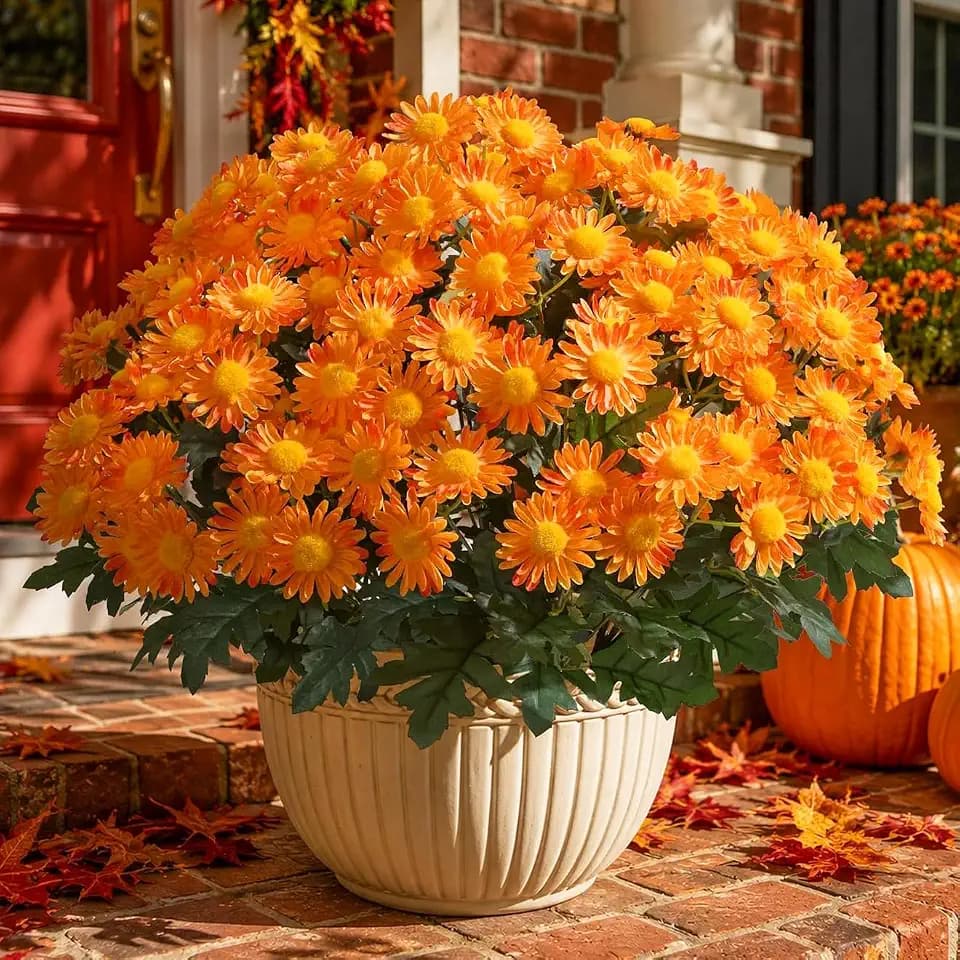 Artificial Fall Fake Mums Flowers Plants for Outdoor Decoration, 6 PCS Faux Silk Orange Gerbera Daisy UV Resistant No Fade Realistic for Planter Pot Outside Porch Patio Balcony Garden Yard Home Decor
