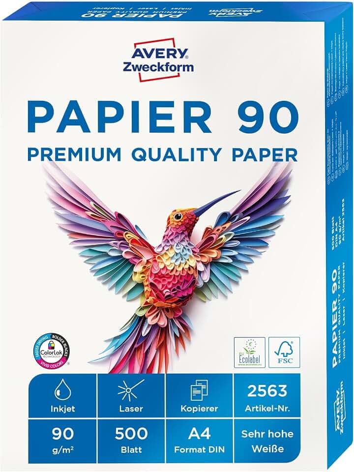 AVERY Zweckform 2563 Drucker-/Kopierpapier (500 Blatt, 90 g/m², DIN A4 Papier, hochweiß, für alle Drucker) 1 Pack