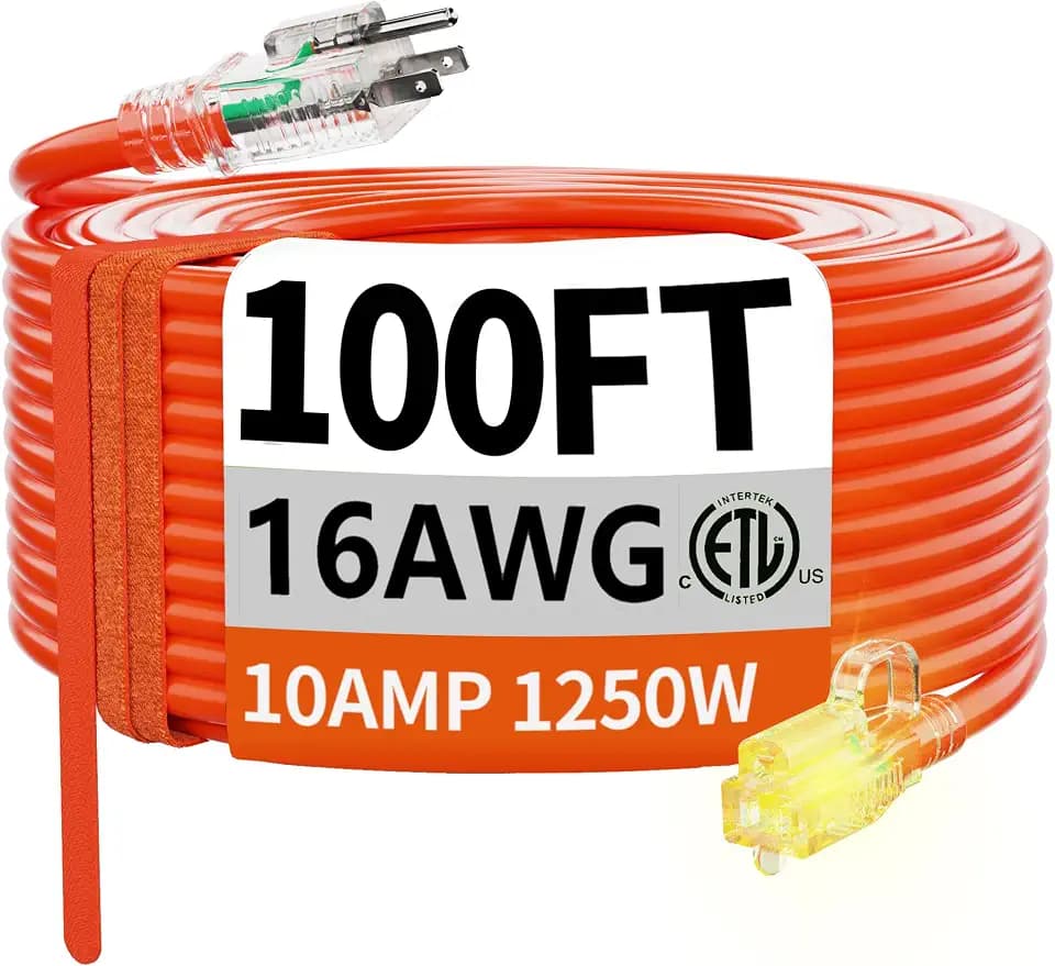 HUANCHAIN Outdoor Extension Cord 100 FT with Lighted end, 16 Gauge Orange