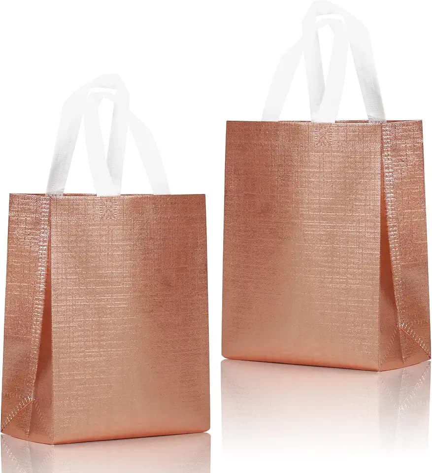 cabzymx 16 Pcs Metallic Bling Small Gift Bags Bulk with Cardboard Bases, 10.2x3.9x8.3 In Glossy Rose Gold Reusable Party Favor Bags for Birthday, Wedding, Christmas, Party