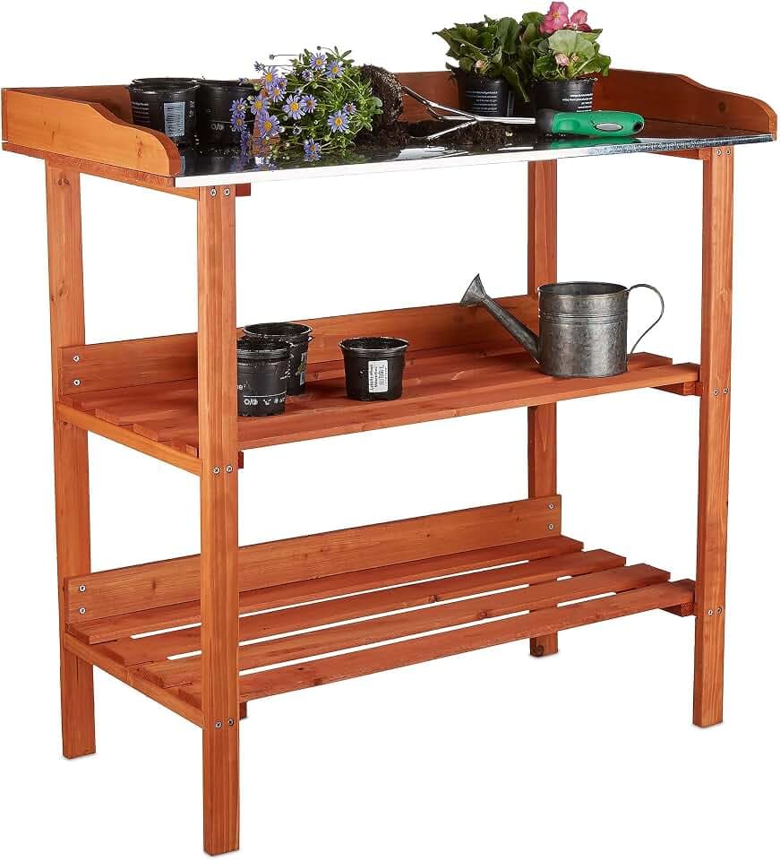 Relaxdays Pflanztisch, Holz, Metallplatte, 3 Ebenen, Arbeitsplatte Gewächshaus, HBT: 87,5 x 91,8 x 41,5 cm, orange
