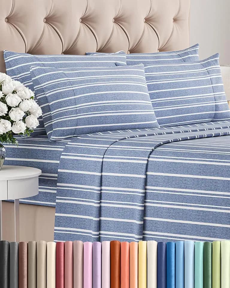 CGK Full 6pc Bed Sheet Set - Breathable & Cooling - Blue Stripes