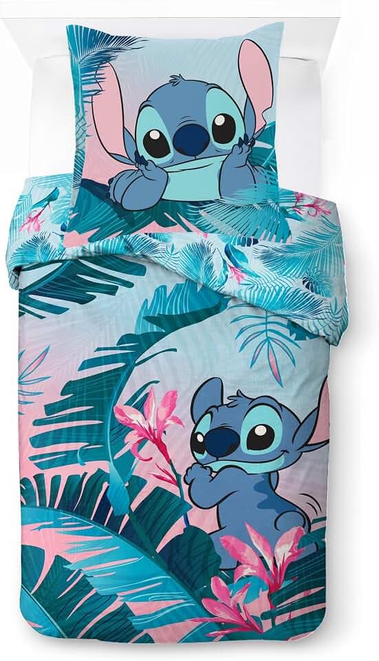 Disney Lilo und Stitch blumige Bettwäsche für eine Person – Kinderbettwäsche Set inklusive 80 x 80 cm Kopfkissenbezug, maschinenwaschbare Baumwollbettwäsche