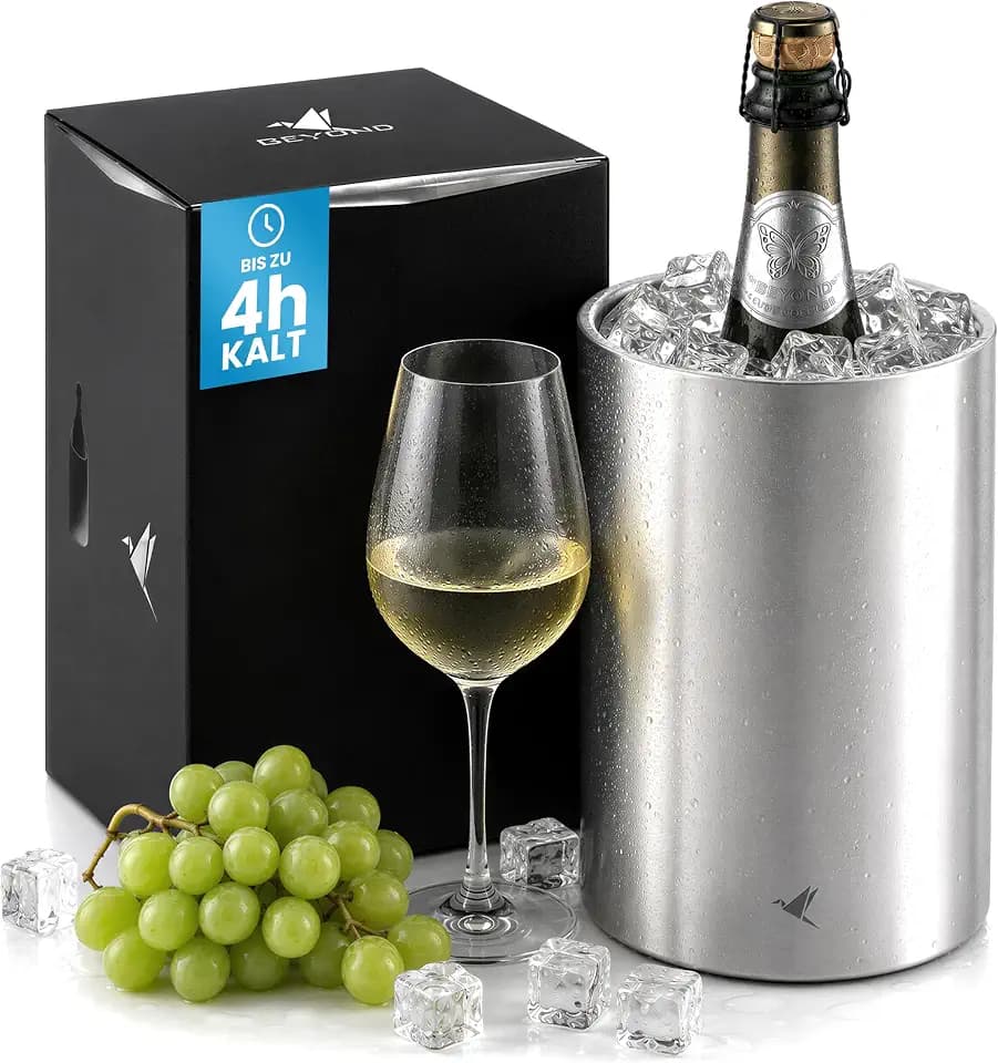 Beyond Weinkühler aus Edelstahl Flaschenkühler für Wein Champagner & Sekt-Flaschen, Doppelwandiger Sektkühler Getränkekühler für Weißwein, Geschenk-Set Männer Frauen Weinzubehör Geschenkidee – Silber