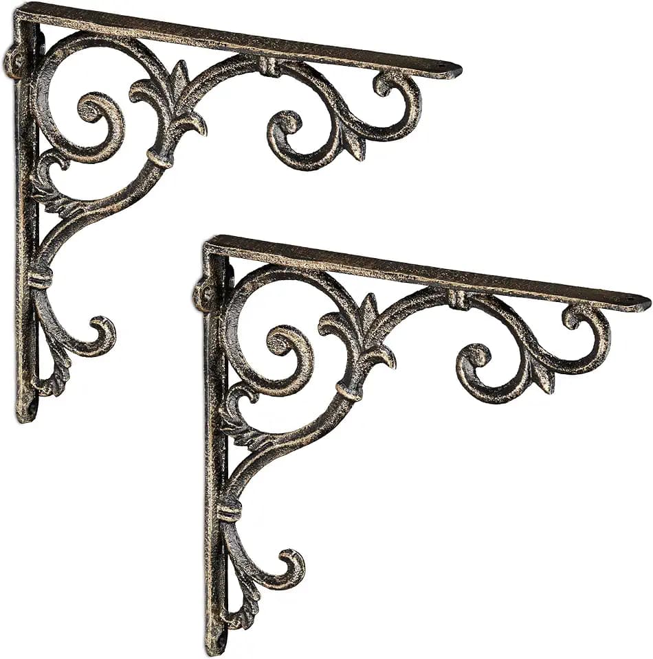 Relaxdays Regalwinkel antik, 2er Set Gr. M, Regalträger Gusseisen, Bronze | Barocke Ornamente, Winkel für Regale, Vintage