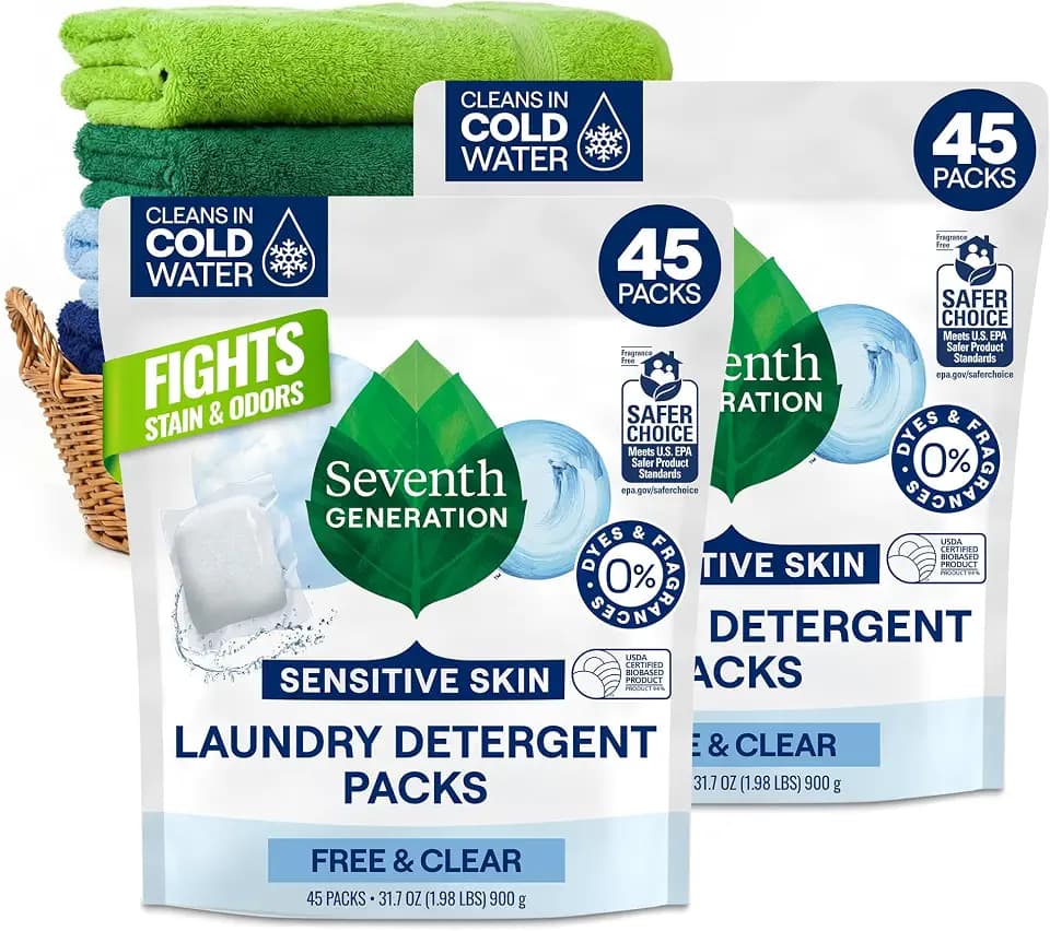 Seventh Generation Laundry Detergent Packs, Free & Clear, 90 Loads, 2 Pack