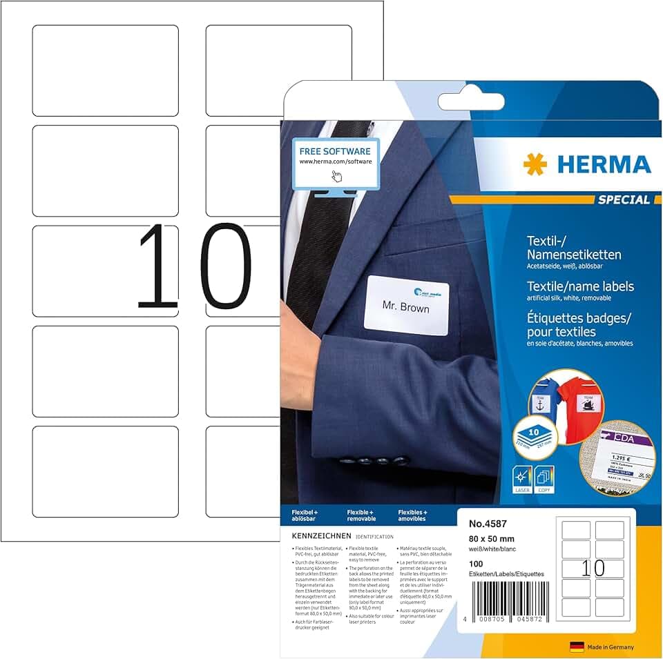 HERMA 4587 Namensetiketten ablösbar, 10 Blatt, 80 x 50 mm, 10 pro A4 Bogen, 100 Stück, selbstklebend, bedruckbar, rückstandsfrei abziehbare Acetatseide Namensaufkleber Etiketten, weiß