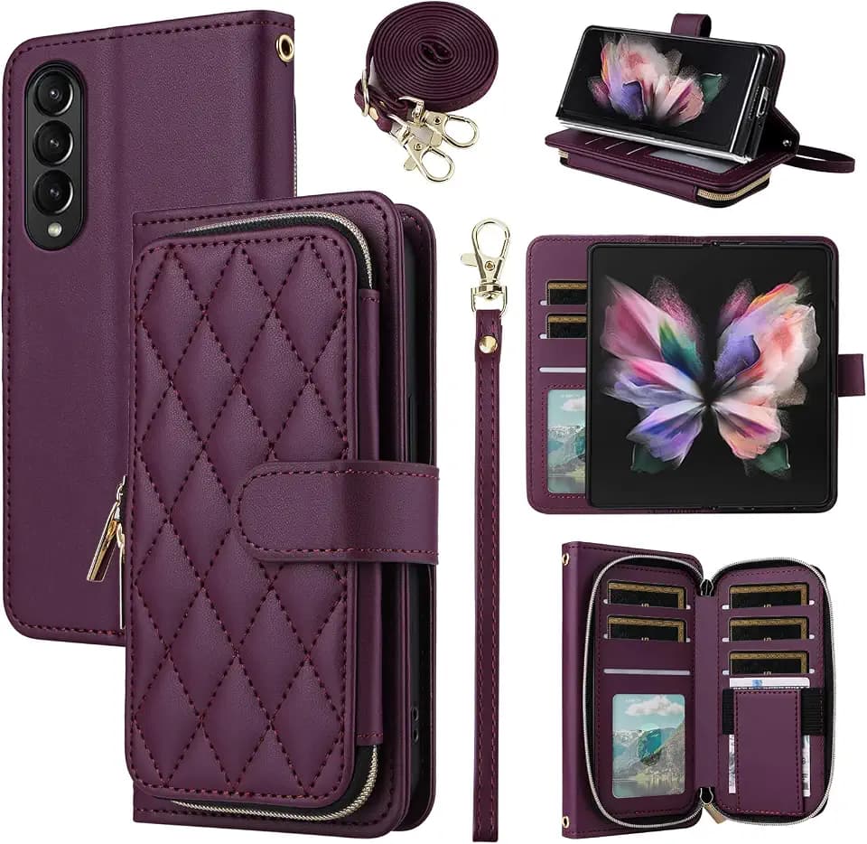Wallet Case for Samsung Galaxy Z Fold 4 5G 2022, Wrist Strap Crossbody Shoulder Strap 9+ Card Slots Zipper Purse, Luxury PU Leather Stand Phone Cover for ZFold4 Z4 Fold4 4Z ZFold45G Deep Purple