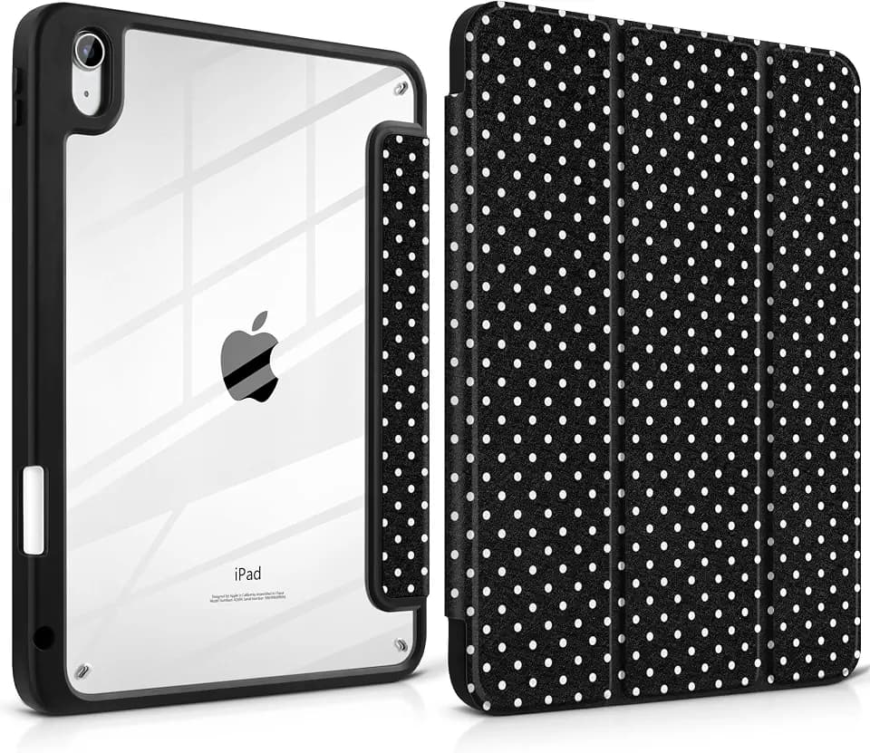 MEEgoodo Case for iPad A16 11th Generation 11 inch 2025/10th Gen 10.9 inch 2022, Cover with Transparent Acrylic Back Shell,Tablet Case with Pencil Holder+Auto Wake/Sleep+ Stand, White Polka Dot