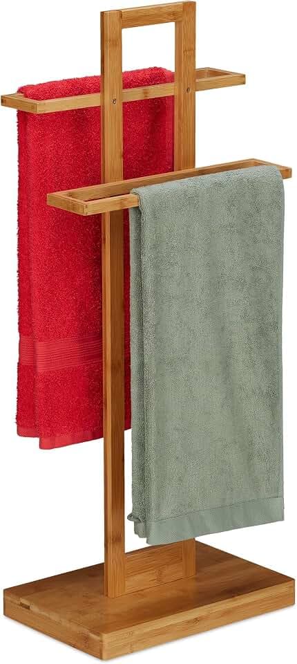 Relaxdays Handtuchhalter stehend, Badetuchhalter Bambus, 2-armig, Bad Handtuchständer, HxBxT: 88 x 35,5 x 23,5 cm, Natur