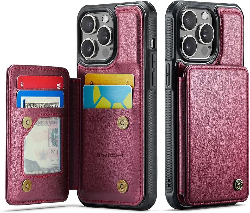 Vinich for iPhone 14 Pro Max Wallet Case with Card Holder, Wine Red