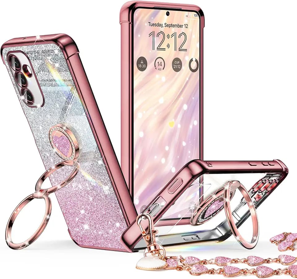 XYZ for Samsung Galaxy S23 Case with Stand, Galaxy S23 Case with Double Ring, Women Girls Bling Luxury Glitter Clear Phone Case Cover for Samsung Galaxy S23, Rose Gold