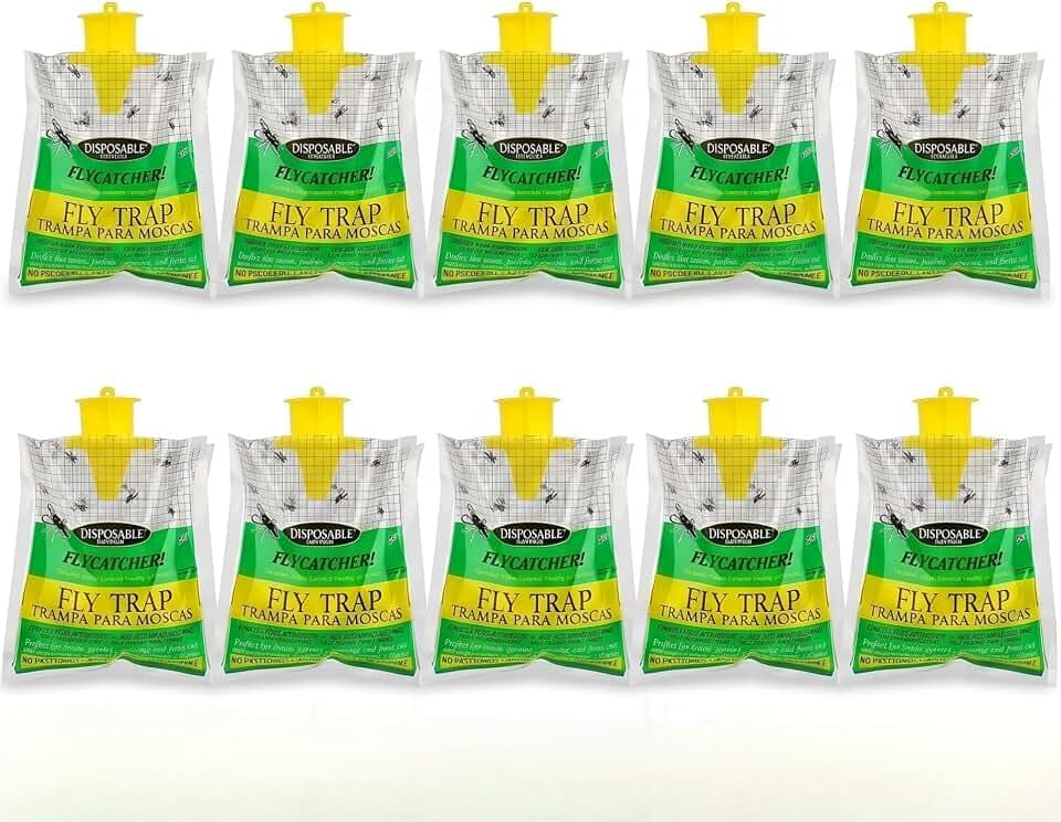 10-Pack Hanging Fly Trap Set with Disposable Bags; Includes Bait, Non-Toxic; Ideal for Backyards, Farms, Barns, Patios, and Gardens